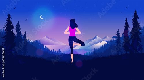 Yoga in night landscape - Woman doing the tree pose with beautiful view of the ocean, forest and mountains. Night sky with moon, and moonlight shining. Vector illustration.