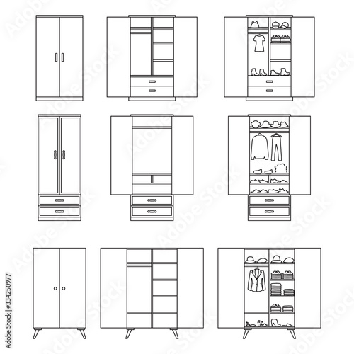 Wooden cupboard isolated outline icon. Vector illustration room furniture of wardrobe on white background . Vector outline set icon room cupboard.