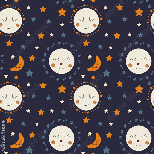 Seamless pattern of cute sleepy moons and stars on a dark blue background