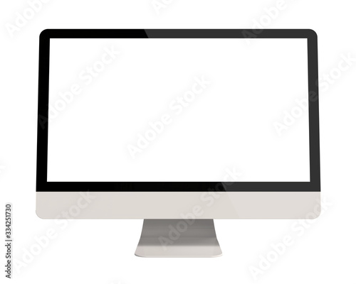 Front View of Empty Blank PC Monitor Isolated on White Background. Realistic 3D Render of White Modern Sleek Screen.