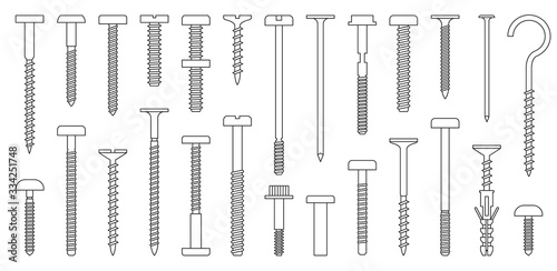 Metal fasteners outline vector set icon.Vector illustration isolated, icon metal screw and bolt on white background .outline set screw and bolt. photo