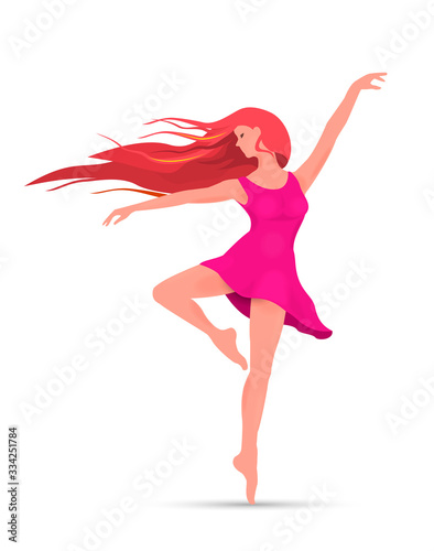 Young dancing girl in a pink dress. A young girl in a pink dress and with red hair. Dancing girl on a white background