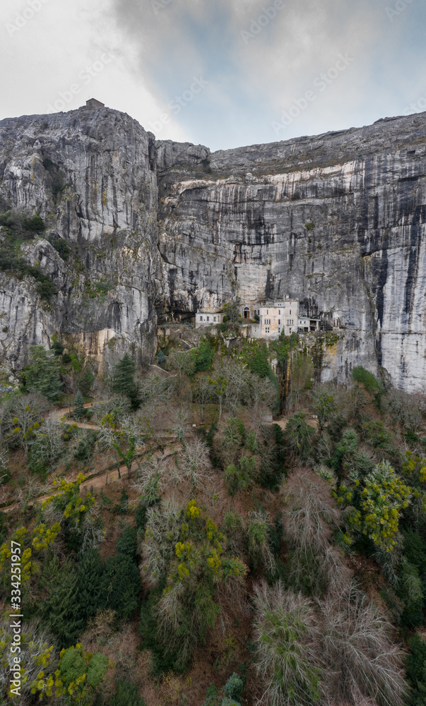 Fototapeta premium Aerial view of the Grotto of Maria Magdalena in France, Plan D'Aups, the massif St.Baum, holy fragrance, famous place among religious believers, the Monastery of Dominican Friars
