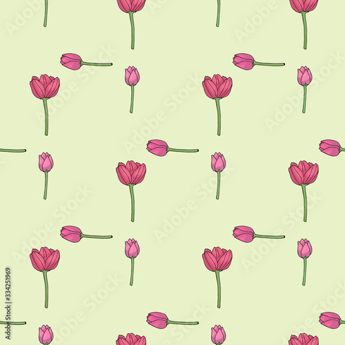 Seamless pattern with fascinating pink tulips on light green background for fabric, textile, clothes, tablecloth and other things. Vector image.