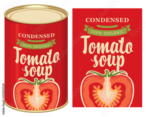 Vector banner for condensed tomato soup. Illustration of the label with the image of a cut tomato and a tin can with this label