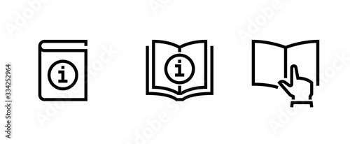 Set of logo information and reading book icons. Editable line vector.