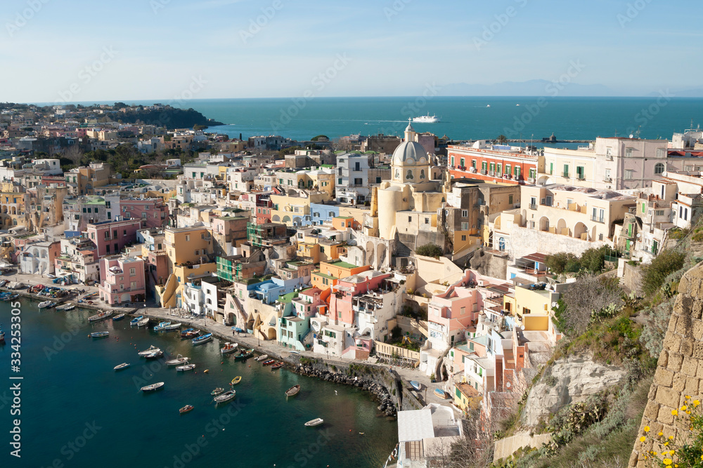 View on Procida island from above. Italy. City and the sea.