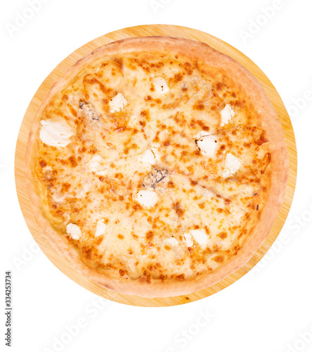 .Pizza five cheeses on bamboo bottom, isolated, top view