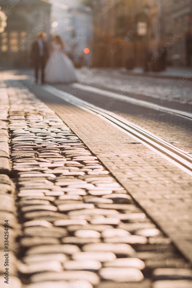 tram tracks and pavement in the foreground. newlyweds are walkin