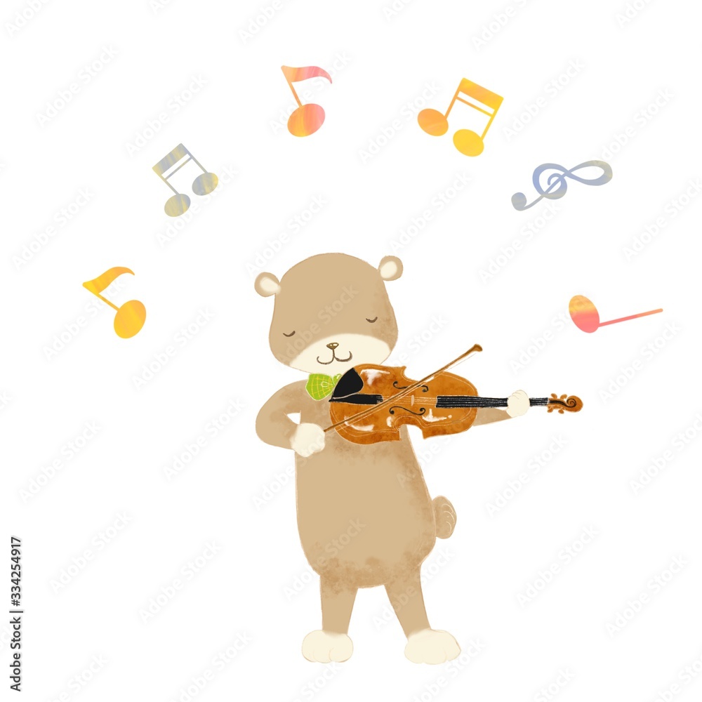 Cartoon animal playing music, teddy bear , violin, violinist Stock