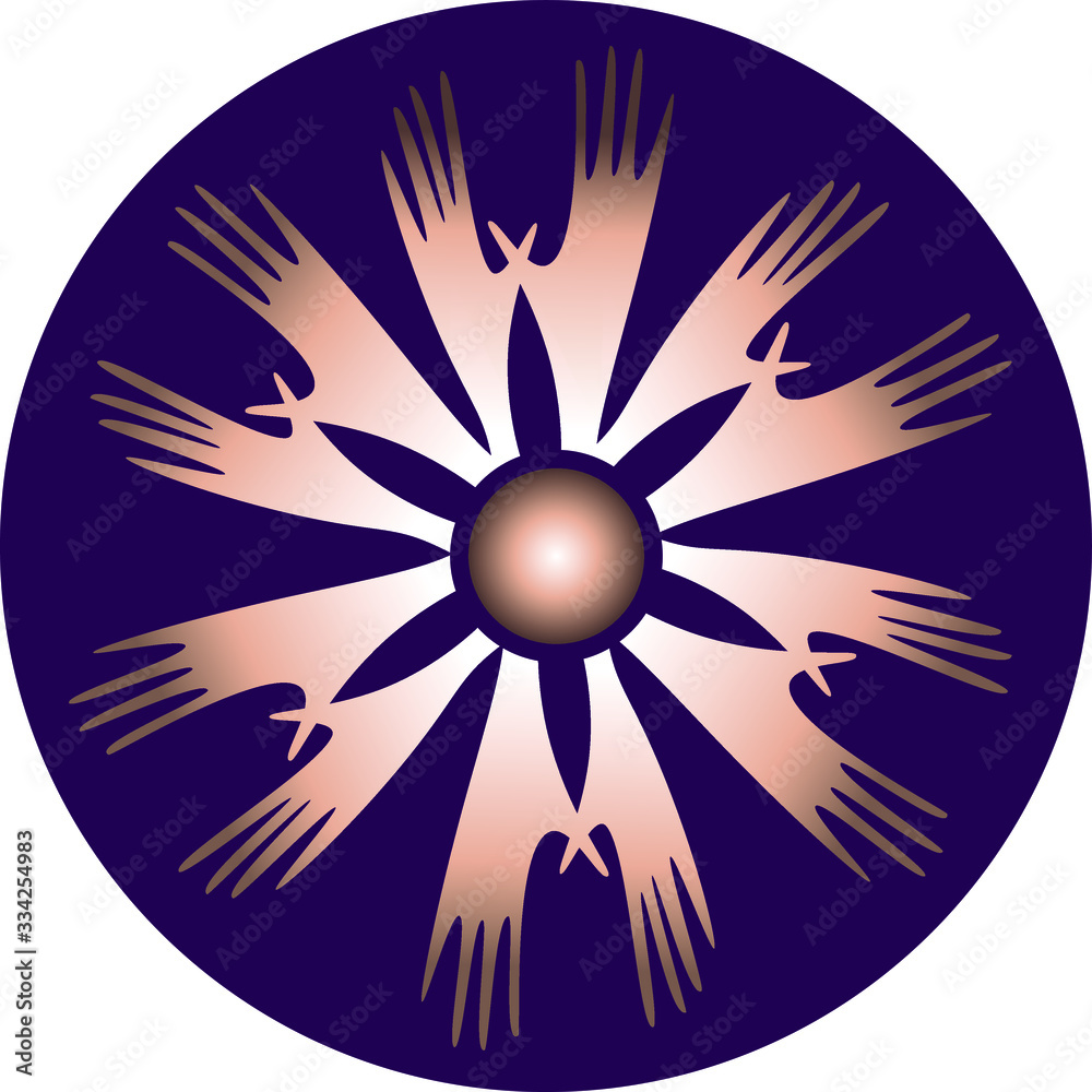 The unity of people. Stylized image of palms in a circle. Rosette of people’s hands. Cooperation. Togetherness. An association. Friendship. Mercy. Our planet. The unity of people. Stylized image of palms in a circle. Rosette of people’s hands. Cooperation. Togetherness. An association. Friendship. Mercy. Our planet.
