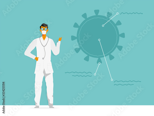 Doctor con la mascherina presenta gli sviluppi sulla ricerca del virus
