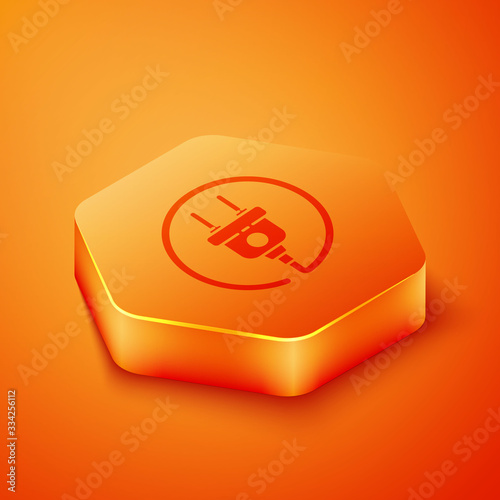 Isometric Electric plug icon isolated on orange background. Concept of connection and disconnection of the electricity. Orange hexagon button. Vector Illustration