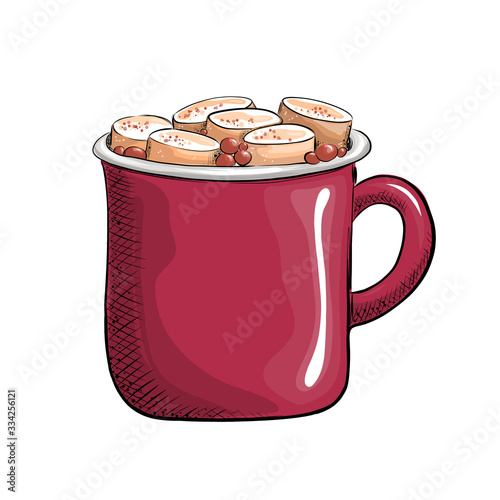 Cup with coffee and marshmallows, delicious hot drink drawn in cartoon flat style. Vector for design t-shirts typography cards and posters.