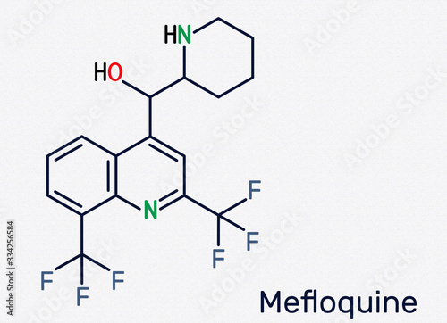 Mefloquine, C17H16F6N2O antimalarial drug molecule. It is medication used to treat malaria, coronavirus disease COVID-19. Skeletal chemical formula