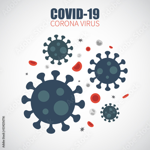 COVID-19 . Corona virus infected in blood stream . Cause of SARS , MERS COV and COVID-19 in human . In blood have red blood cells , white blood cells and platelet . Flat and simple design . Vector .