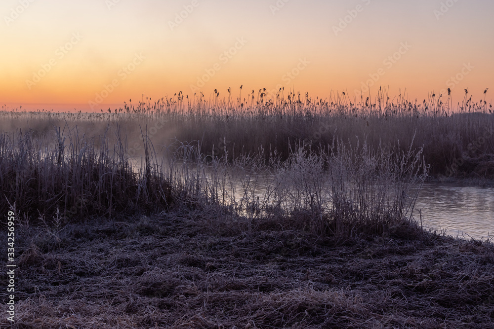 Rzeka Narew. Słoneczny poranek z przymrozkiem. Narwiański Park Narodowy. Podlasie. Polska Rzeka Narew. Słoneczny poranek z przymrozkiem. Narwiański Park Narodowy. Podlasie. Polska