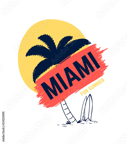Hand drawing palm and sun vector illustration .  Print design for summer.