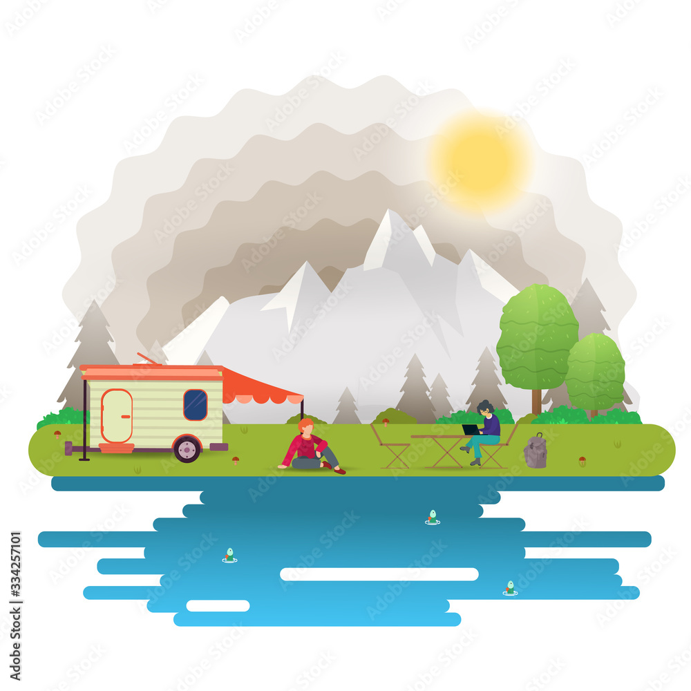 Obraz premium Sunny day landscape Background for summer camp nature tourism camping or Hiking web design concept girl at the table another near the house on wheels flat vector illustration