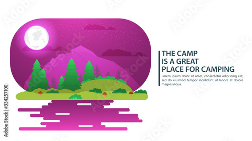 night moon landscape Background for summer camp nature tourism camping or Hiking web design concept mountains forest needles and leaves nature flat vector illustration