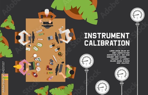 Instrument calibration, measuring device for dimensional, people sitting table, business meeting, flat vector illustration. Web banner, landing page. Human character male, female, engineer, boss.