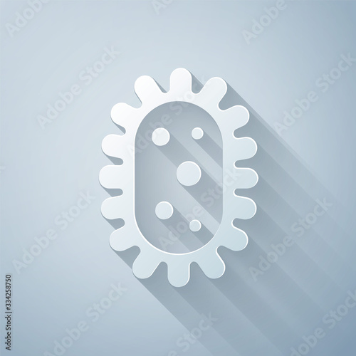 Paper cut Virus icon isolated on grey background. Corona virus 2019-nCoV. Bacteria and germs, cell cancer, microbe, fungi. Paper art style. Vector Illustration