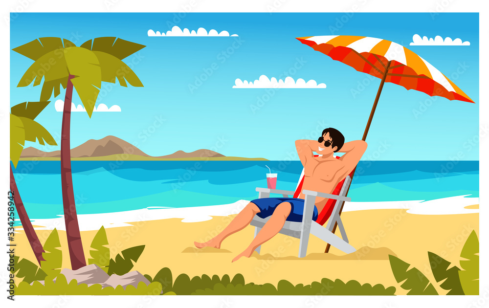 Seaside vacation flat vector illustration. Man relaxing on beach flat color illustration. Boy under beach umbrella on deck chair. Male at sea resort cartoon character