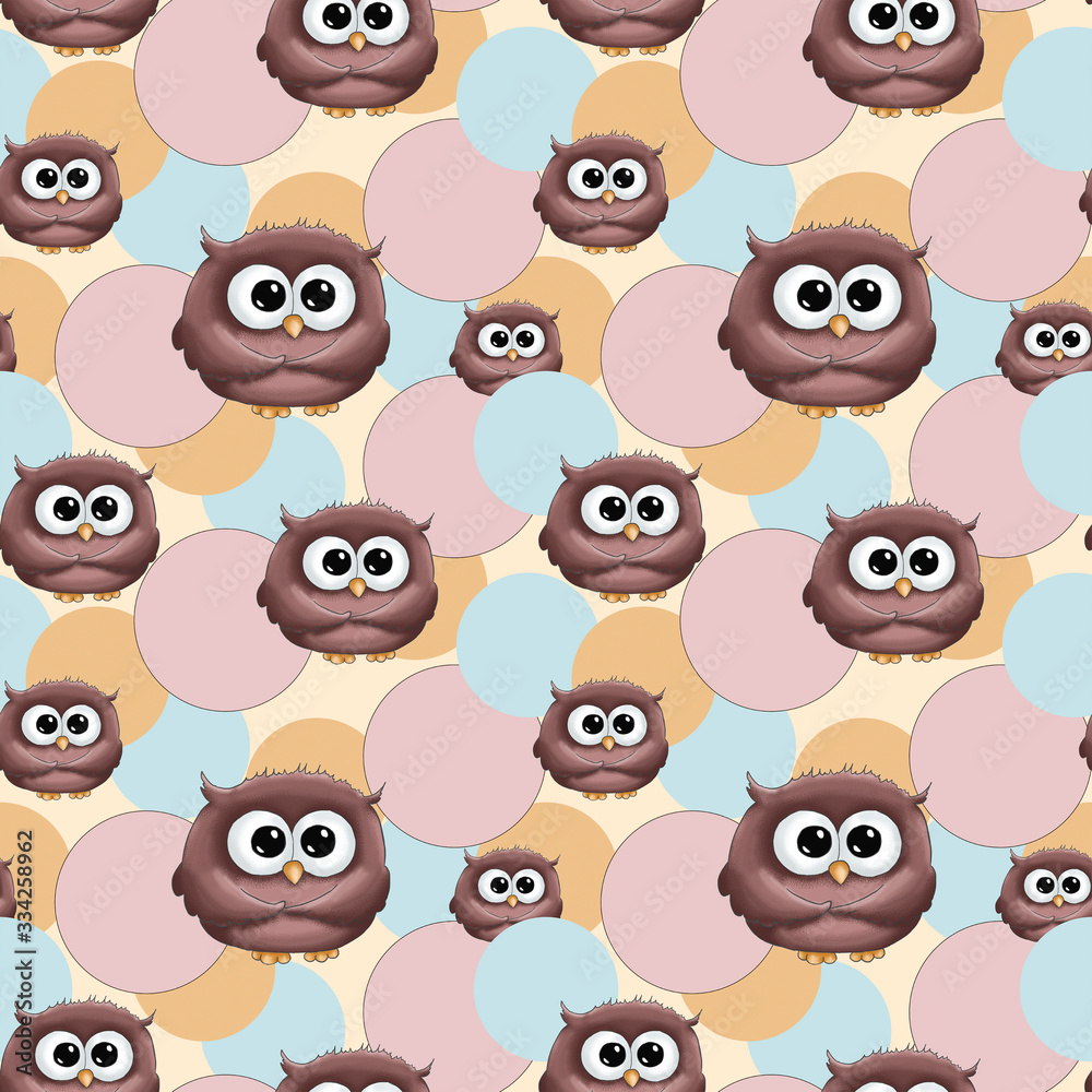 Illustration birthday holiday seamless pattern funny cartoon cute colorful brown owl isolated on beige pink blue polka dot circles background. Perfect for children birthday
