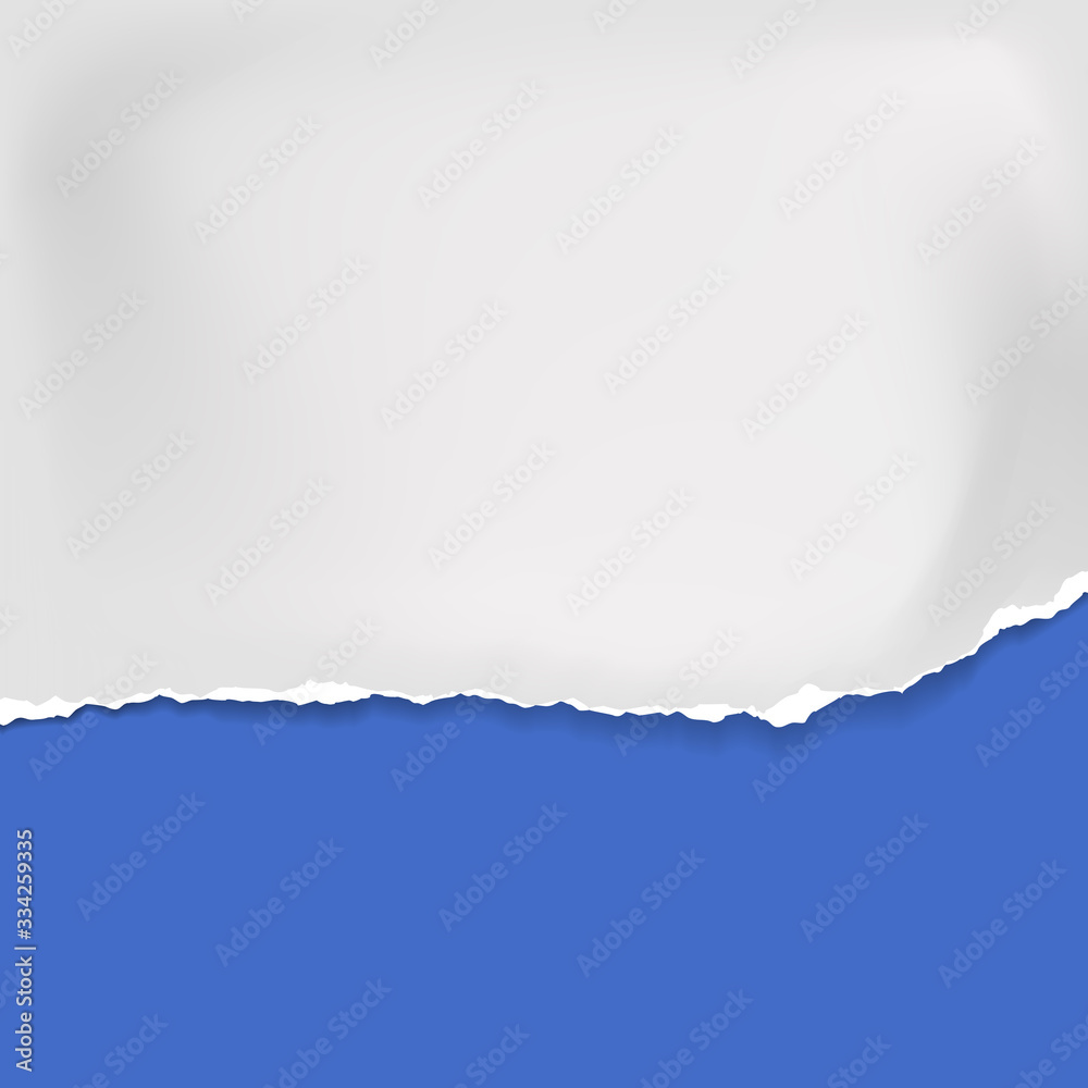Piece of torn, ripped crumple white paper with soft shadow is on blue background for text. Vector illustration