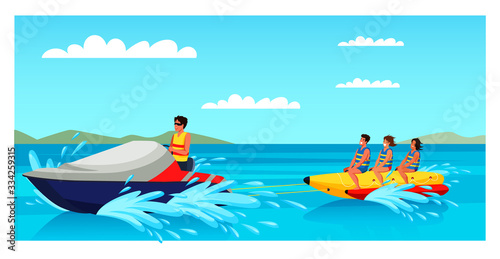 Happy tourists riding banana boat on sunny day