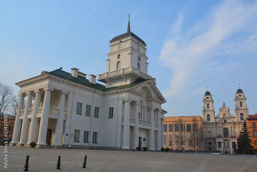 MINSK, BELARUS - 29/03/2020: Historical center Famous Landmark - Old Minsk City Hall on Freedom Square Hall on the High Market, built in 1600