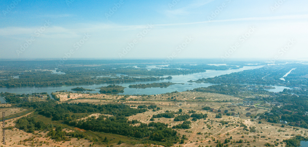 A view of a dry fields along the Dnipro River in the valley. High quality footage