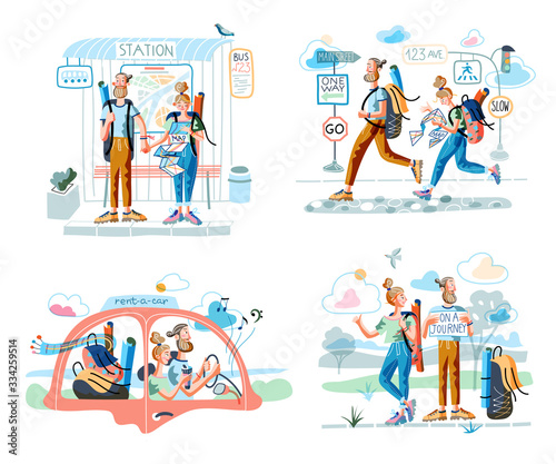Cartoon travelers in different situation scene set