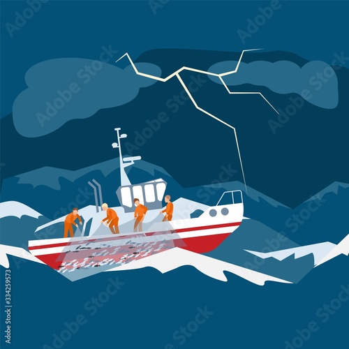Character fishing boat team, vessel in thunderstorm catch fish in sea, ocean, water, flat vector illustration. Stormy weather, dangerous work, fishery, fish nets, lightning, cloud.