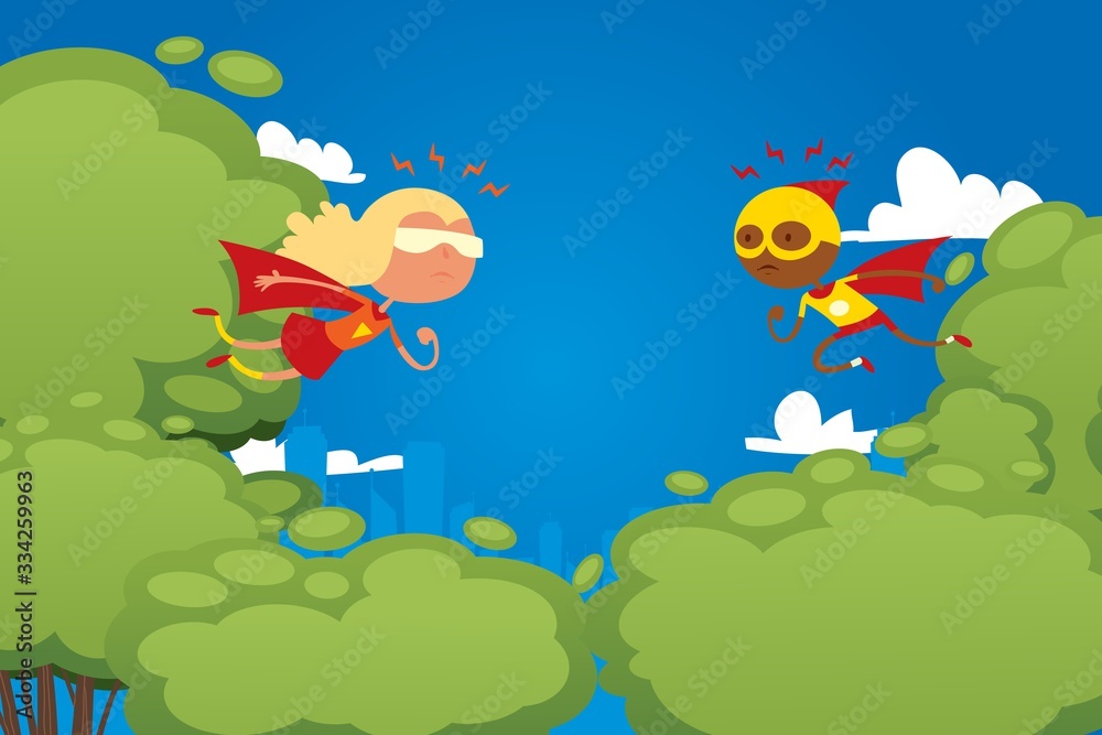 Naklejka premium Child play in superhero, park game, character children male fight vs female, perform, flat vector illustration. Kids dream, superpowers, strong children actor, design website banner.