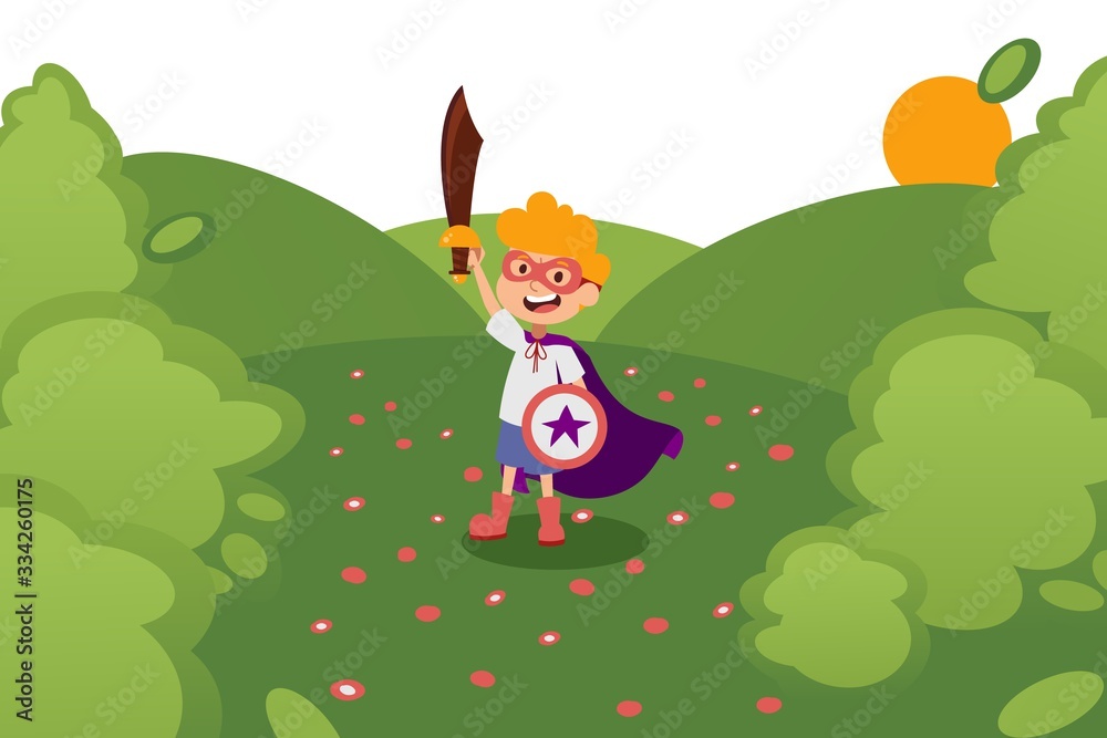 Naklejka premium Character child play in wood, knight child with sword, shield, cloak, mask in outdoor park, sun, field, flat vector illustration. Kid dream superpowers, save the world. Male child fantasize, daydream.
