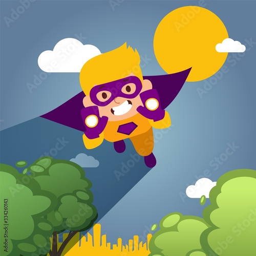 Character child fly, levitates and play in city park, child in mask, super cloak, costume, flat vector illustration. Kid dream superpowers, save the world. Male child fantasize, daydream.