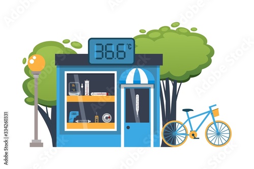 Street sale thermometer, medical blue kiosk selling therapeutic product, isolated on white, flat vector illustration. Design shop in park, bike, tree. Device for temperature measurement.