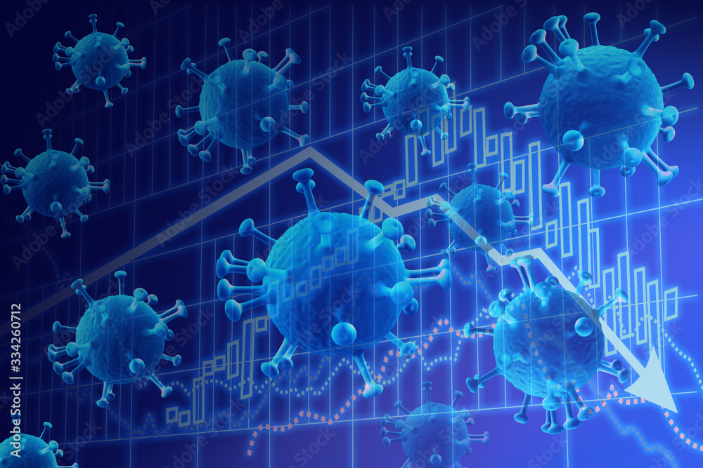 Fototapeta premium 3d illustration with blue market graphic corona crash. Coronavirus pandemic. Digital. Epidemic disease concept.