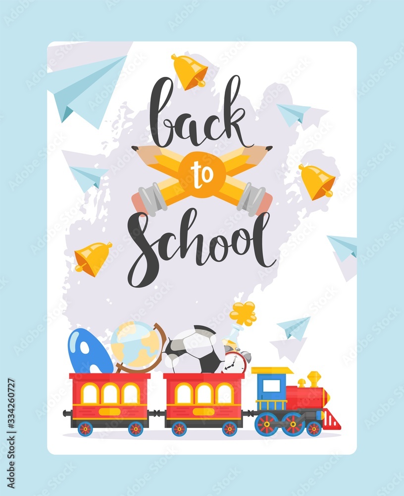 Back to school banner, children railway and red train with studies supplies, pen, ball, alarm, globe, flat vector illustration. Design web banner, train sigh, red locomotive, primary school.