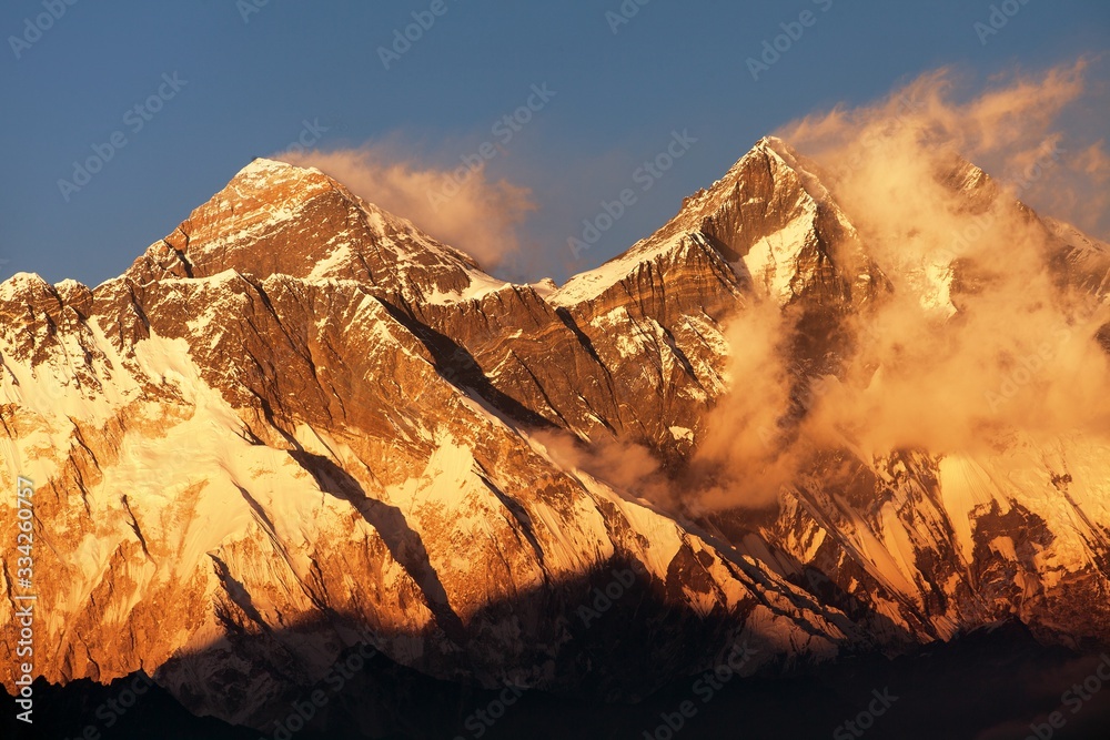Evening sunset red colored view of Everest and Lhotse
