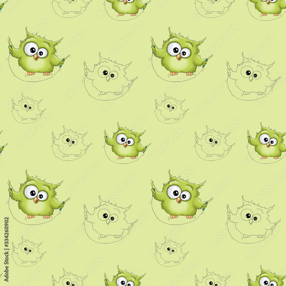 Illustration birthday holiday seamless pattern funny cartoon cute colorful green owl isolated on light green background. Children birthday holiday party