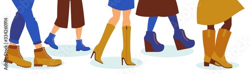 Different type of shoes, spring and autumn boot, male and female feet, isolated on white, flat vector illustration. Modern fashion sneaker, slipper, jackboot. Warm clothing for everyday wear.