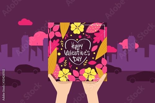 Pair hands holding gift card, happy valentine day, celebrate 14 february, lovers day, flower, flat vector illustration. Megapolis silhouette background, festival of infatuation, couple amorous date.