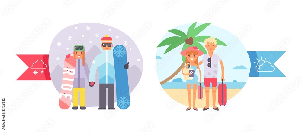 Different world weather, cold, hot temperature, character couple people, snowboard, winter sport and tropical vacation, isolated on white, flat vector illustration. Human rest in sand shore, mountain.