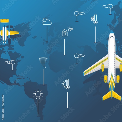 World weather, meteorological forecast for aviation, passenger liner, world atmospheric prediction, flat vector illustration. Sign wind, cloud, sun, hurricane, high and cold temperature.