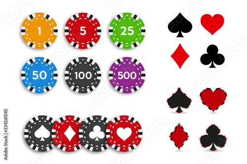 Suit deck of playing cards and set poker chips isolated on white background. Vector illustration.