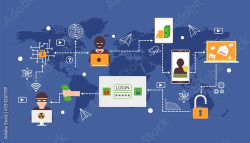 Login security, strong password, safe private data, online network protection, flat vector illustration. Web banner, hacker attack whole world, insecure internet, cyber money, crypto currency.
