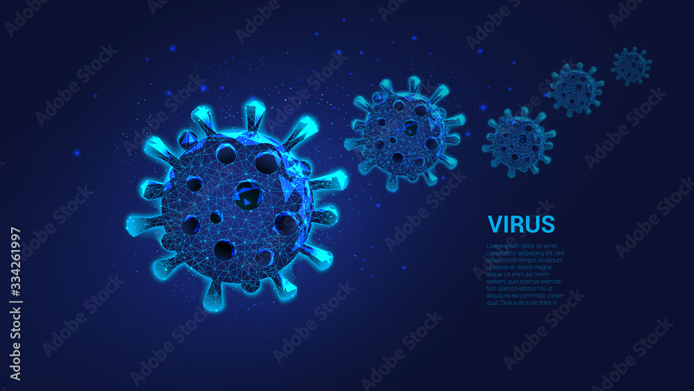 Concept of treatment and prevention of viral diseases . Molecules of the virus from triangles and luminous points. Coronavirus. Background of beautiful dark blue night sky. Macro. Low poly. Concept of treatment and prevention of viral diseases . Molecules of the virus from triangles and luminous points. Coronavirus. Background of beautiful dark blue night sky. Macro. Low poly.
