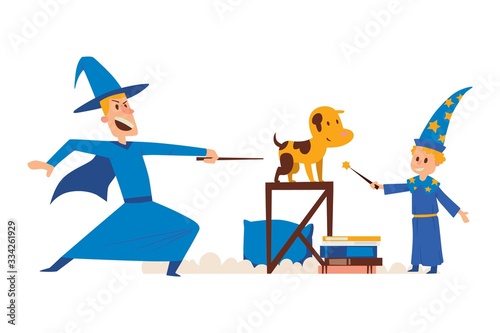 Wizard male character, magical student kid with magic wand, conjure dog, table, book, isolated on white, flat vector illustration. Real sorcery training, neophyte children, concept banner.